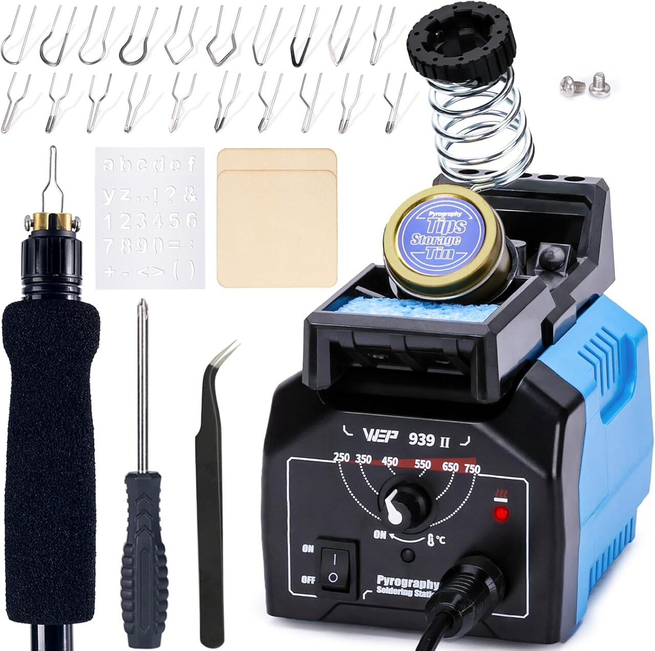 939-II Pyrography Wood Burning Kit 32-in-1 – Comfort Pen, 20 Tips, 2 Stencils, 2 Wood Pieces & Pen Holder.